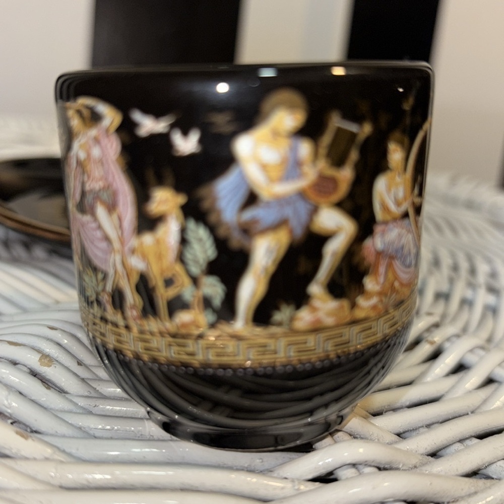 1960s Black and Gold Greek Gods Motif Mini Tea Cup /Saucer Set 24K Gold & Spoon - Picture 4 of 17